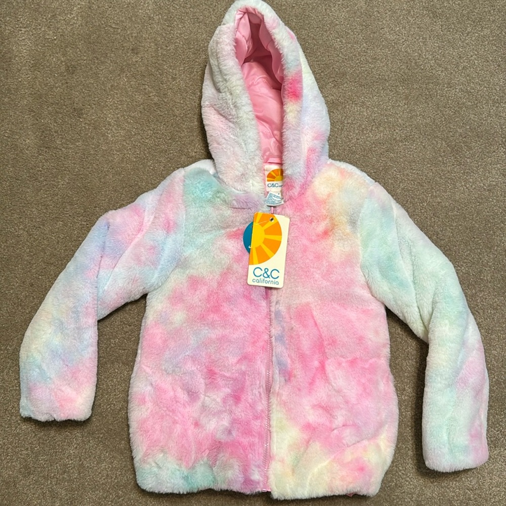Girls C&C coat with tie dye coloring and soft faux fur